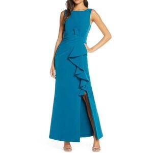 Eliza J Teal Blue Sleeveless Ruffle Slit Gown Evening Party Dress Size 8